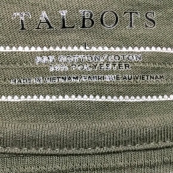 Talbots Women Size L Pullover Top Blouse Cotton Knit Olive Green White Striped - Picture 6 of 6